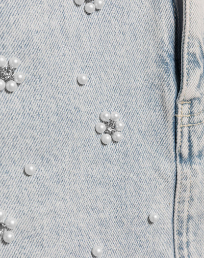 FLOWER PEARL DENIM SKIRT LICHTBLAUW