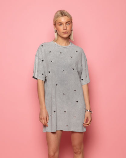 ALLOVER HEART STUD TEE DRESS ACID LICHTGRIJS