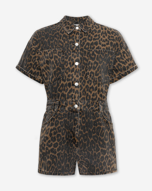 LEOPARD DENIM PLAYSUIT ZWART