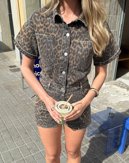 LEOPARD DENIM PLAYSUIT ZWART