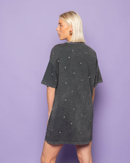 HEART EMBROIDERY TEE DRESS ACID GRIJS
