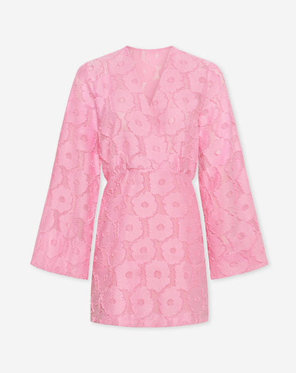 FLUFFY FLOWER JACQUARD KIMONO DRESS ROZE