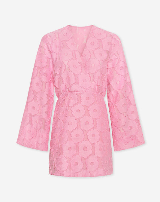 FLUFFY FLOWER JACQUARD KIMONO DRESS ROZE