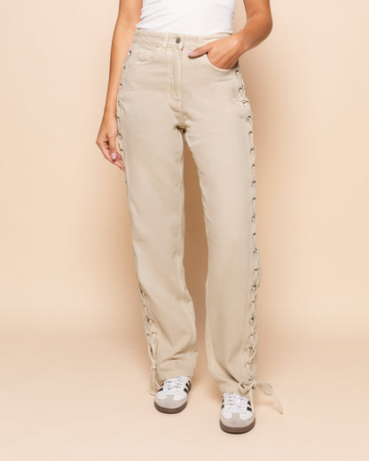 SIDE LACE UP JEANS BEIGE