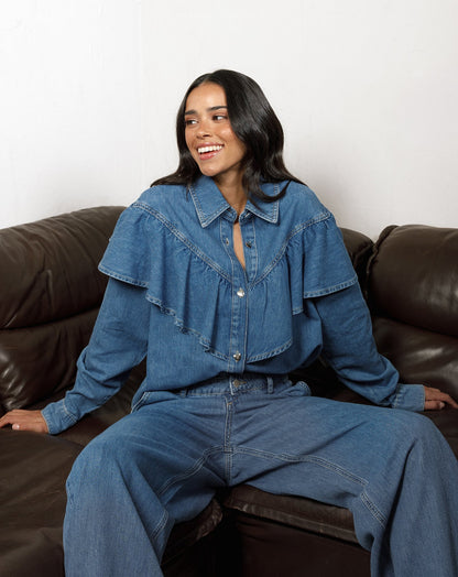 FLOWY DENIM WIDE LEG JEANS MID BLAUW