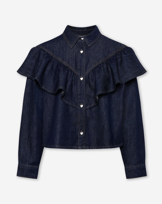 RUFFLE DENIM BLOUSE DONKERBLAUW