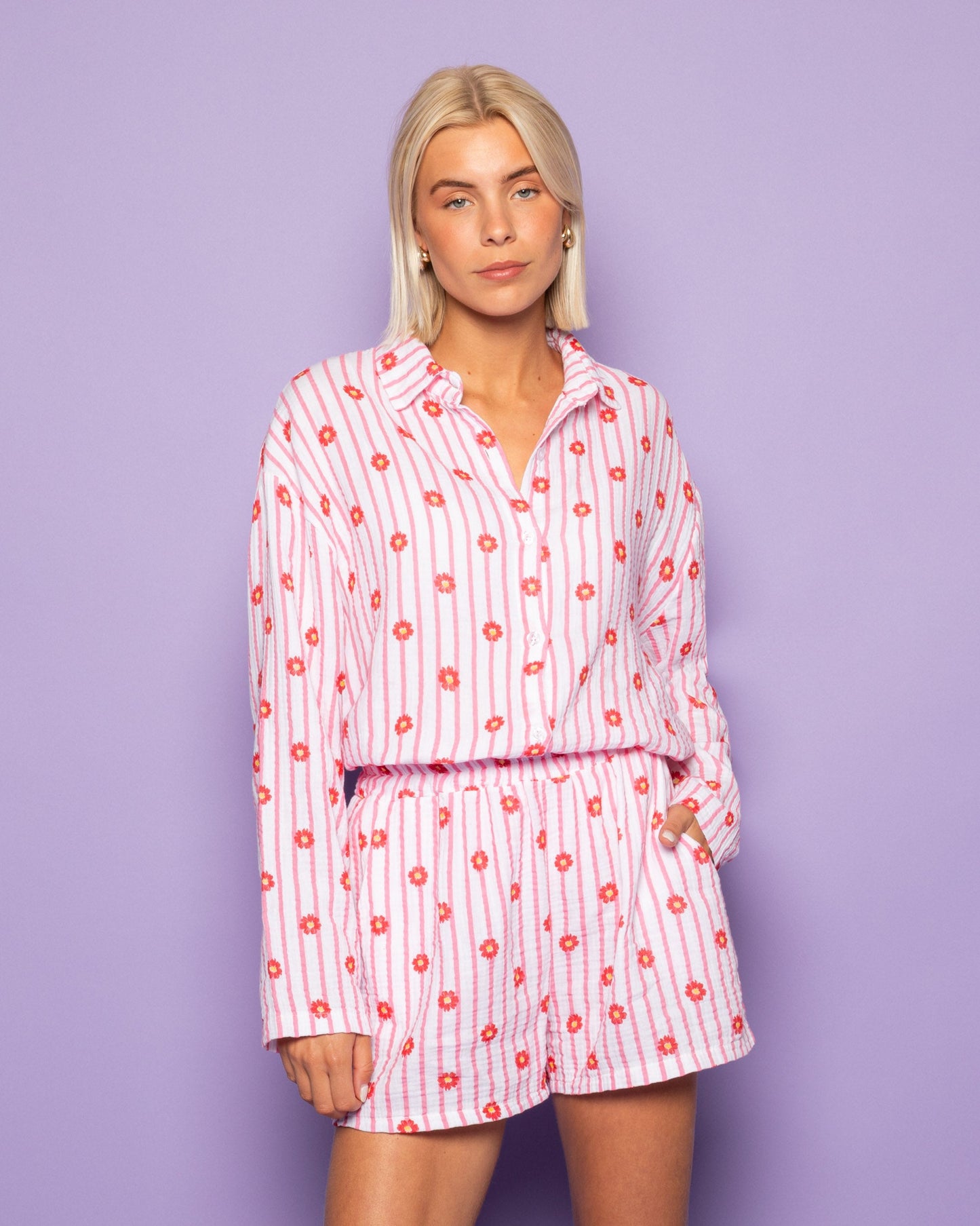 FLOWER STRIPE MOUSSELINE SHORTS ROZE