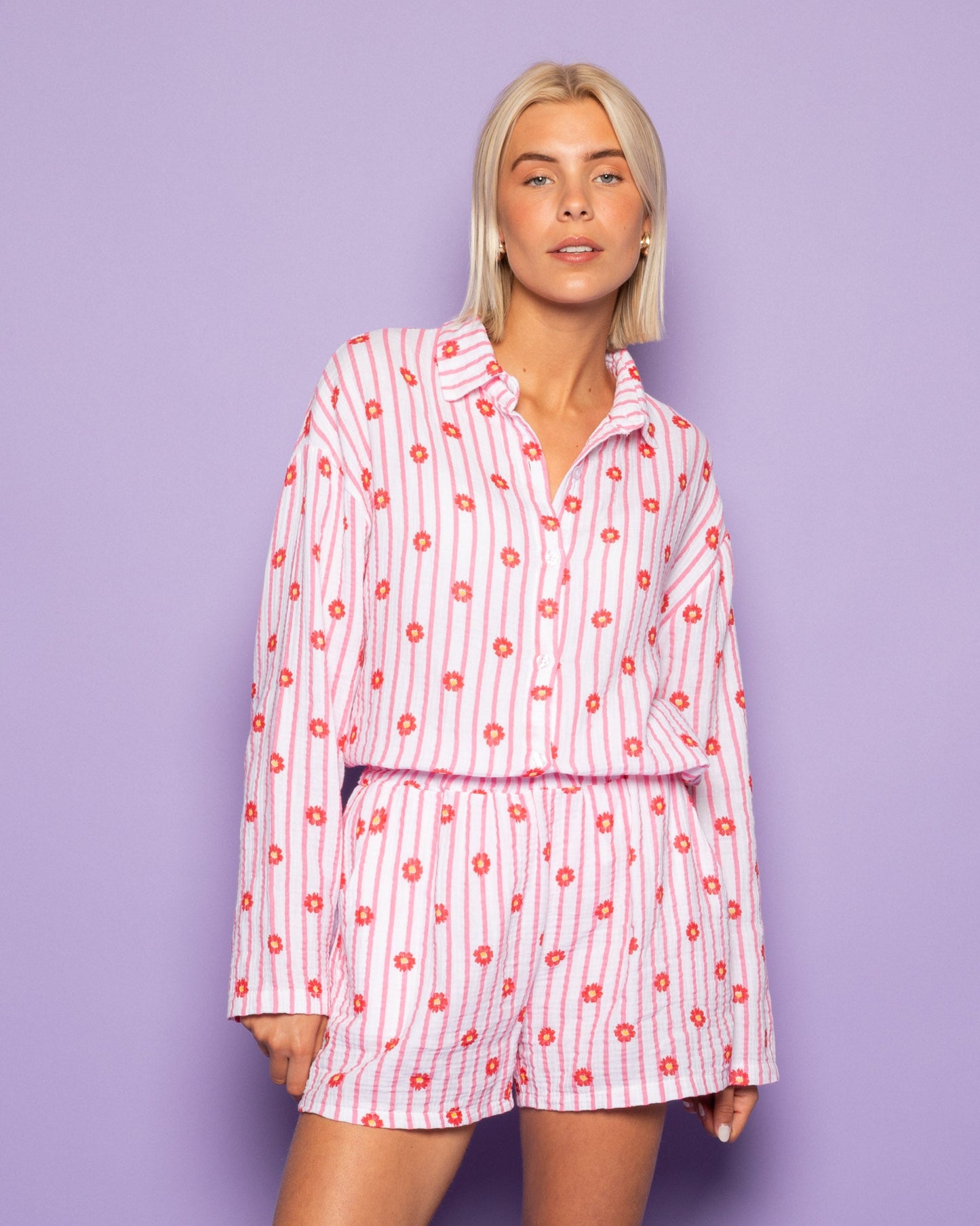 FLOWER STRIPE MOUSSELINE BLOUSE ROZE
