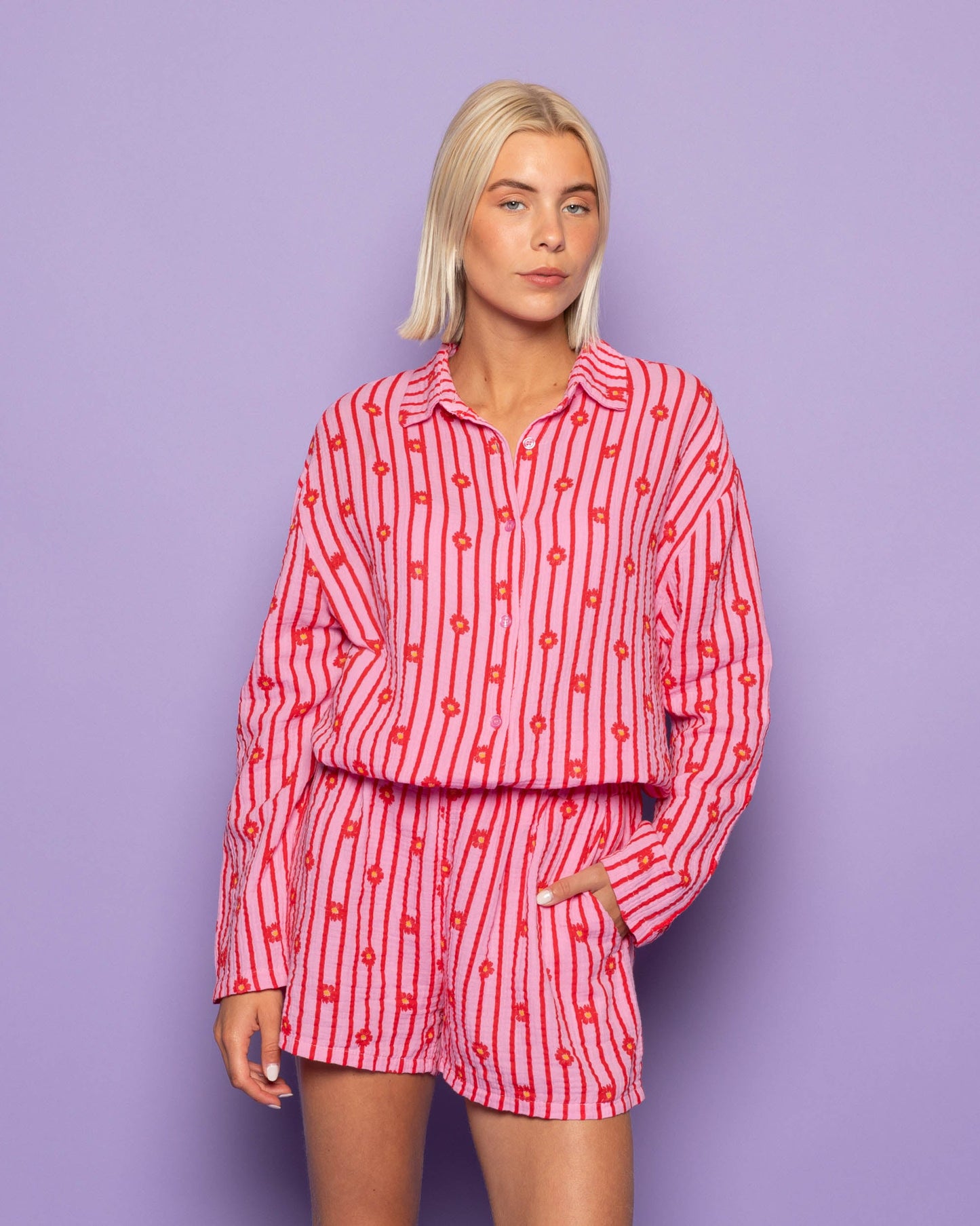 FLOWER STRIPE MOUSSELINE BLOUSE ROOD