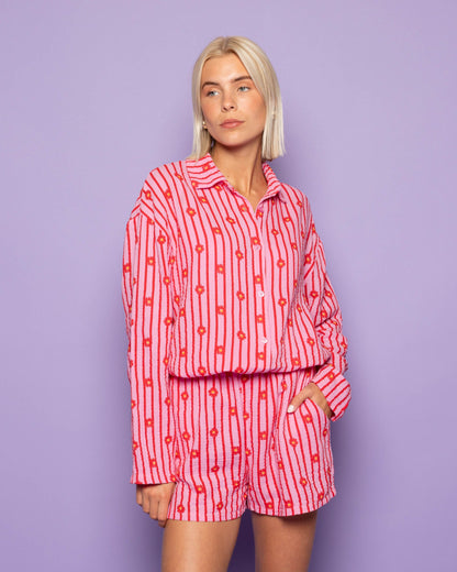 FLOWER STRIPE MOUSSELINE BLOUSE ROOD