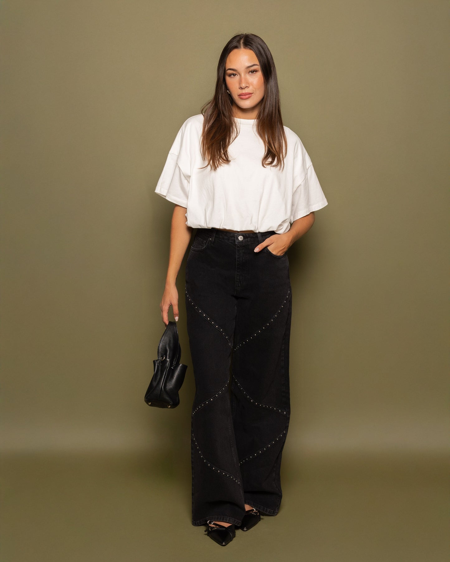 VICKY STUD WIDE LEG JEANS DONKERGRIJS