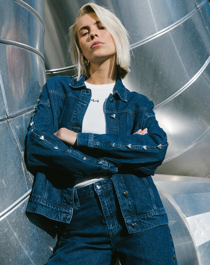 STUD HEART DENIM JACKET DONKERBLAUW