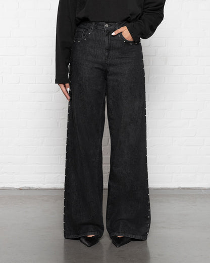STUD COMFORT WIDE LEG JEANS DONKERGRIJS