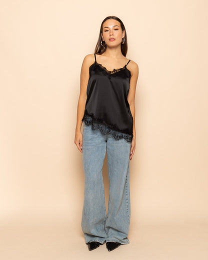 ASYMMETRIC SATIN LACE CAMI TOP ZWART