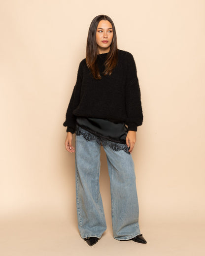ASYMMETRIC SATIN LACE SKIRT ZWART