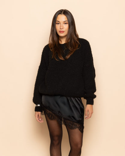 ASYMMETRIC SATIN LACE SKIRT ZWART