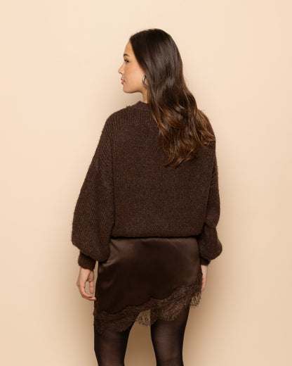 ASYMMETRIC SATIN LACE SKIRT BRUIN