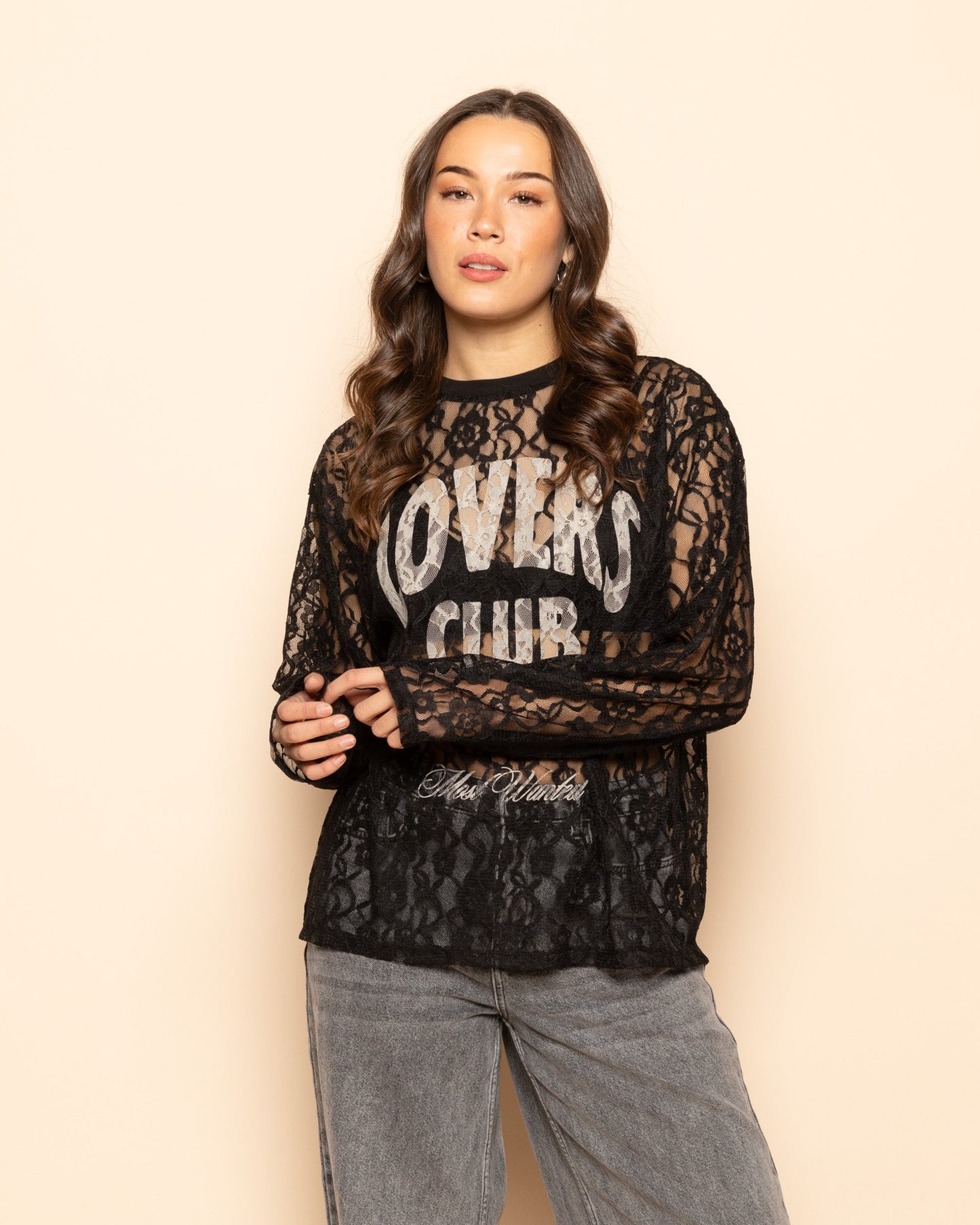 LOVERS CLUB LACE LONG SLEEVE TEE ZWART