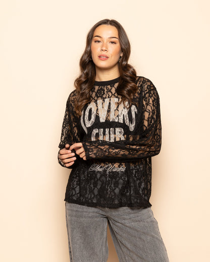 LOVERS CLUB LACE LONG SLEEVE TEE ZWART