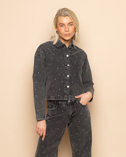ALLOVER STUD DENIM JACKET GRIJS