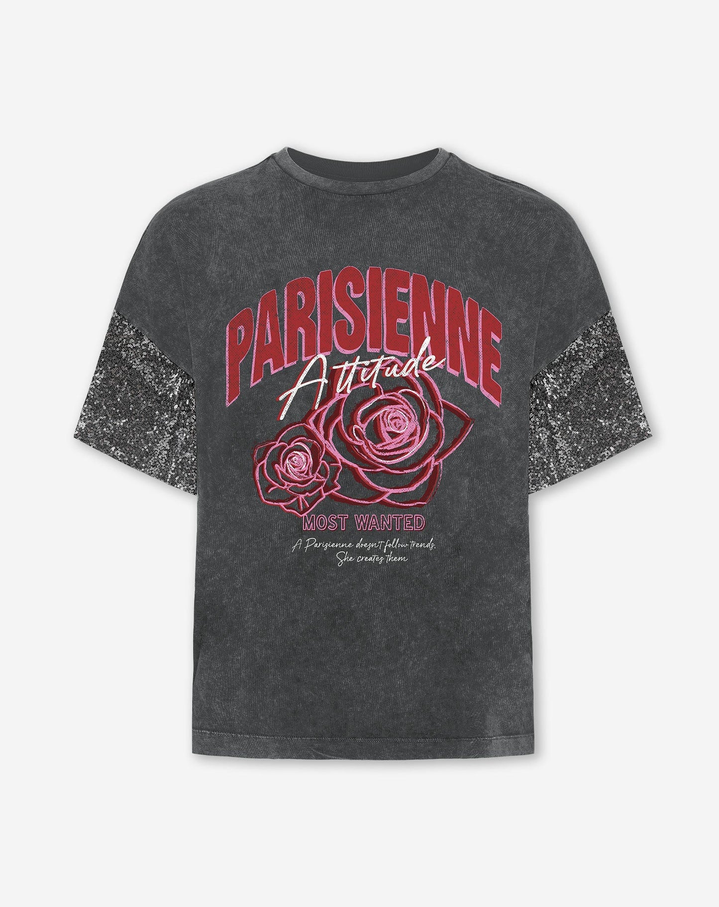 PARISIENNE SEQUIN SLEEVE TEE ACID GRIJS