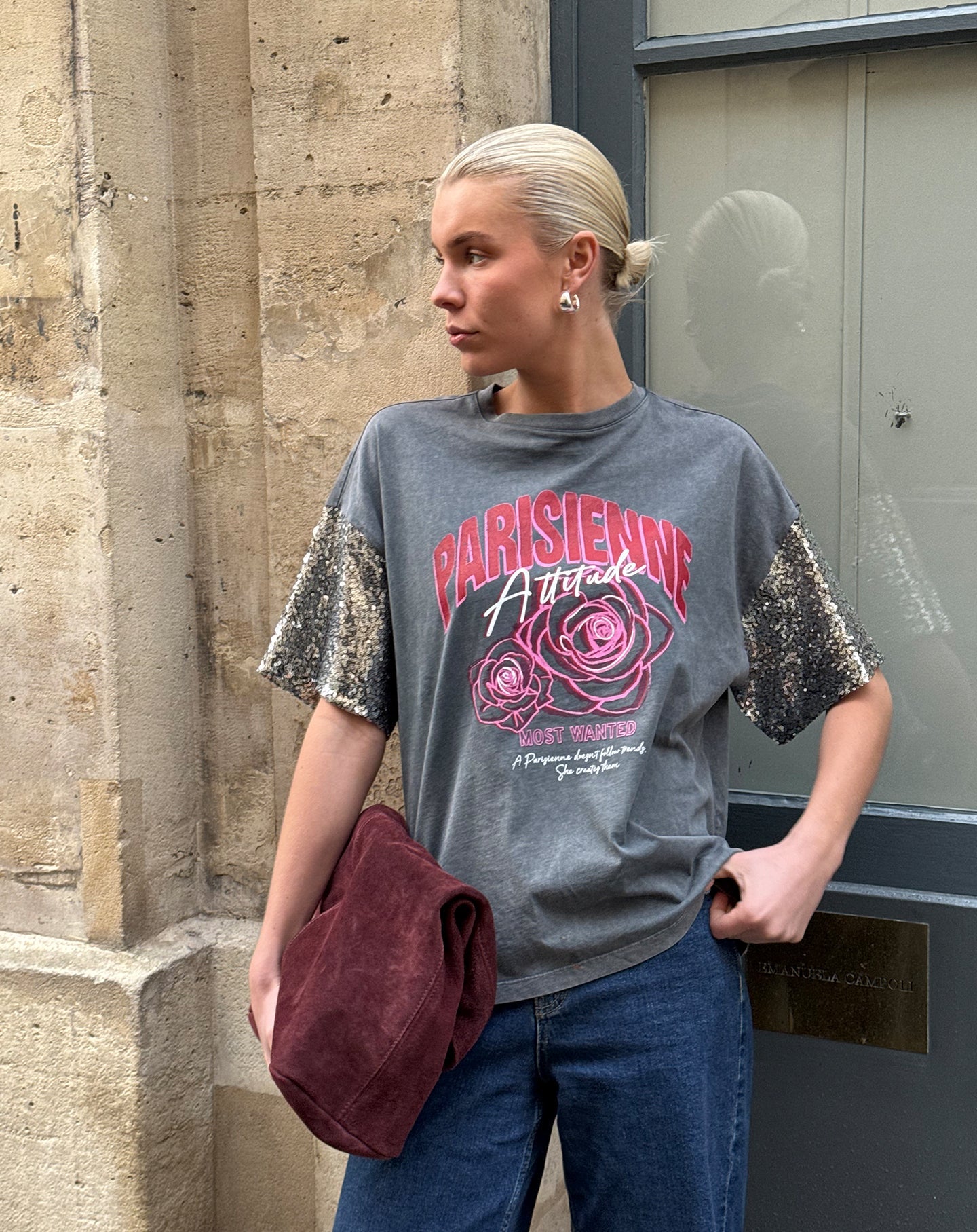 PARISIENNE SEQUIN SLEEVE TEE ACID GRIJS