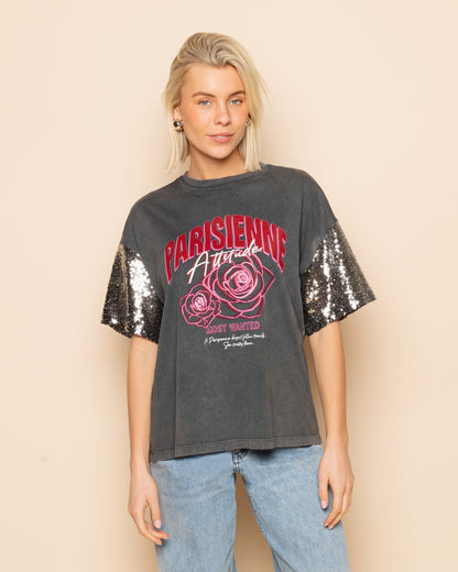 PARISIENNE SEQUIN SLEEVE TEE ACID GRIJS