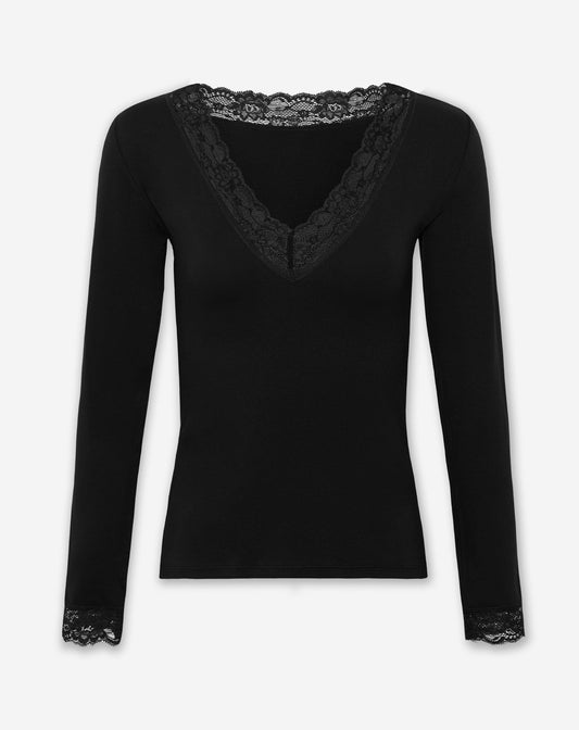 LACE VNECK LONG SLEEVE TOP ZWART