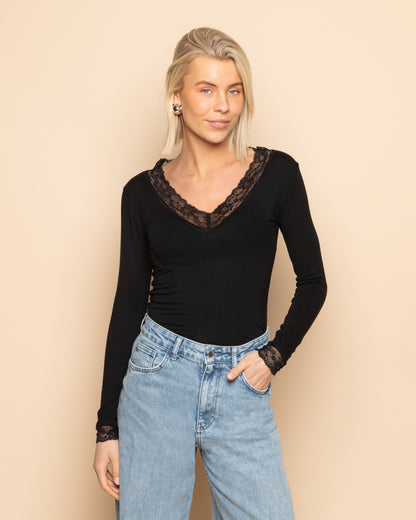 LACE VNECK LONG SLEEVE TOP ZWART