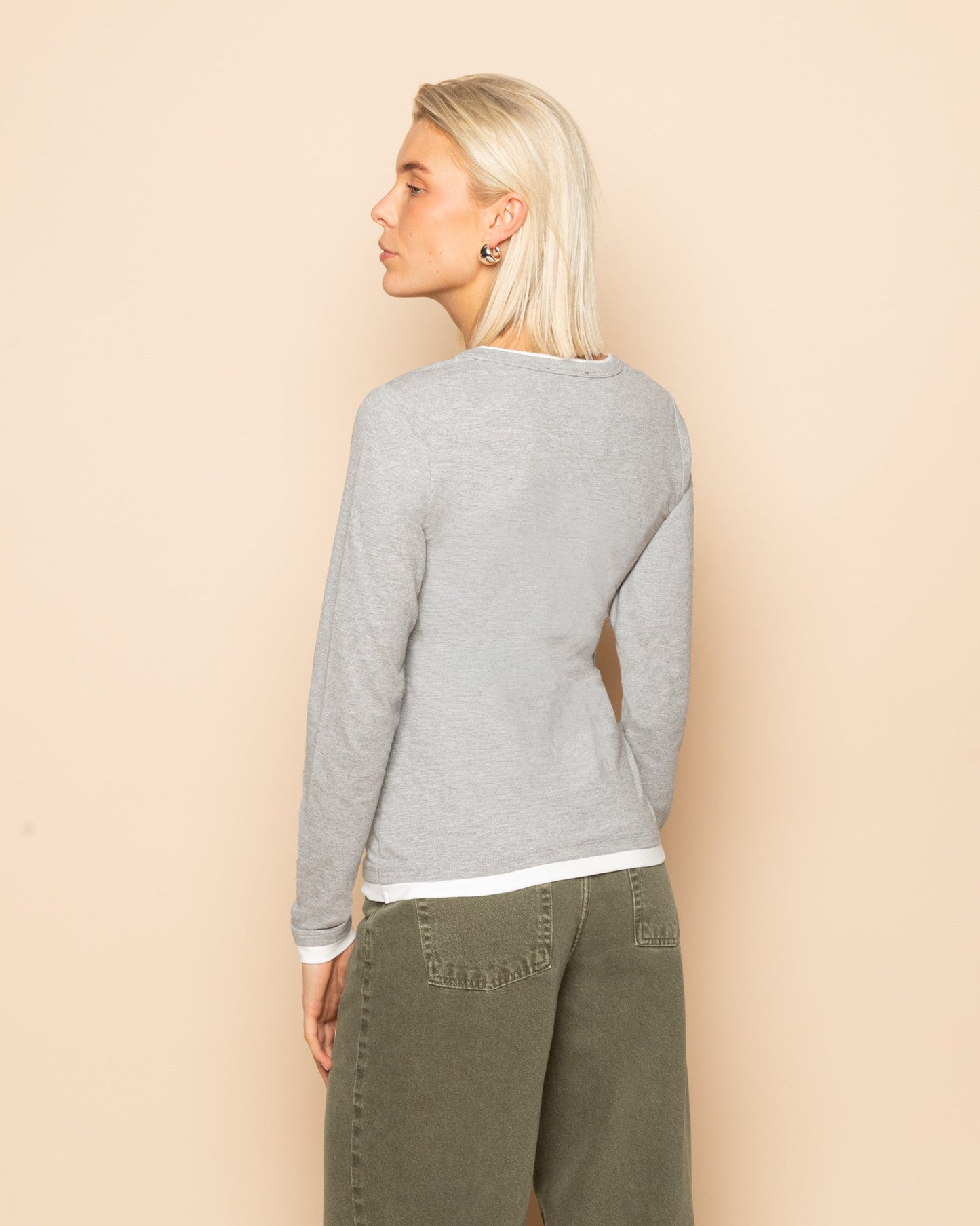 CONTRAST BINDING LONG SLEEVE TOP GRIJS MELANGE