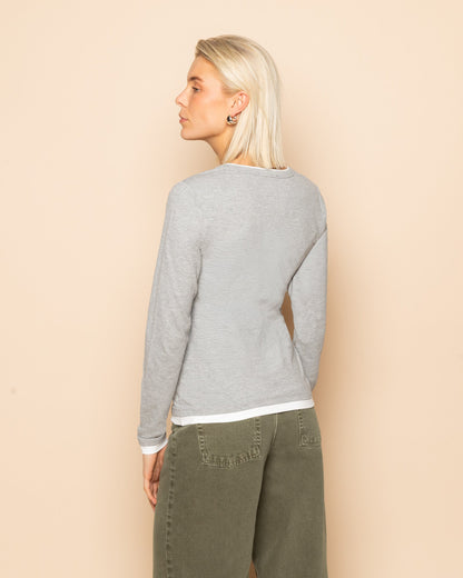 CONTRAST BINDING LONG SLEEVE TOP GRIJS MELANGE