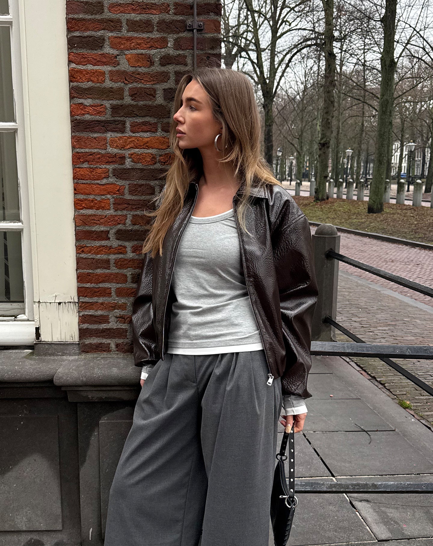 CONTRAST BINDING LONG SLEEVE TOP GRIJS MELANGE
