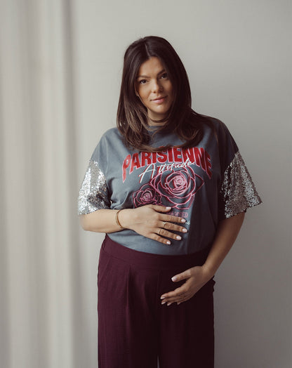 PARISIENNE SEQUIN SLEEVE TEE ACID GRIJS