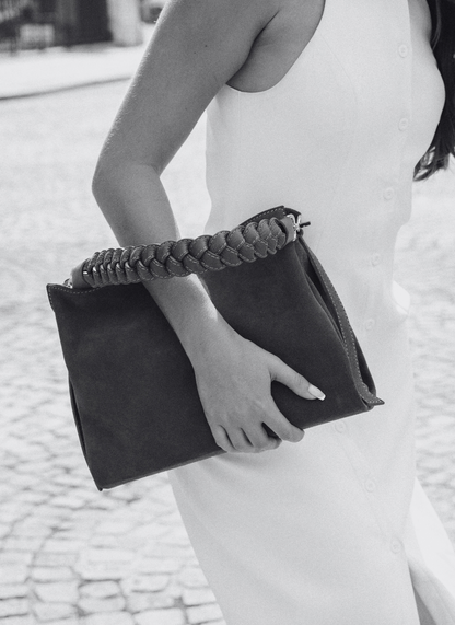 Borsa Braid in Camoscio e Pelle Blu Navy