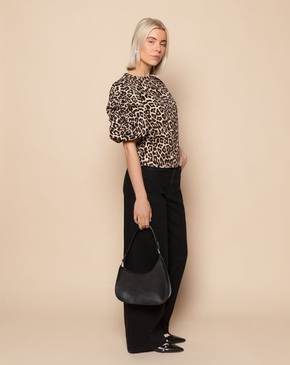 LEOPARD KNOTTED PUFF SLEEVE TOP ZWART