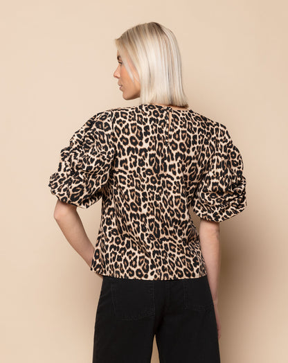 LEOPARD KNOTTED PUFF SLEEVE TOP ZWART