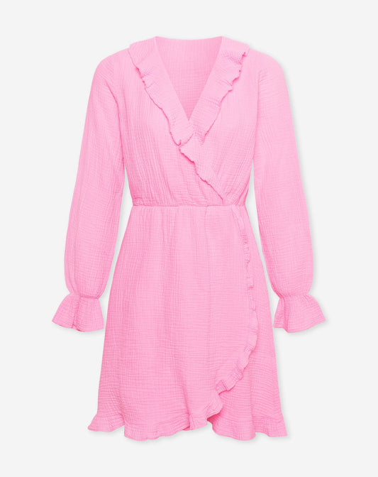 MOUSSELINE RUFFLE V-NECK WRAP DRESS HARD ROZE