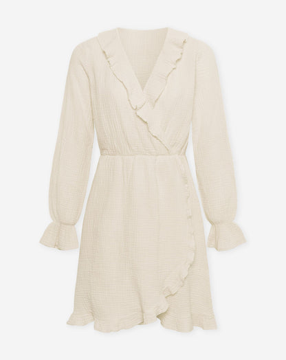 MOUSSELINE RUFFLE V-NECK WRAP DRESS ZAND