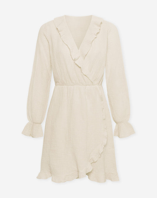 MOUSSELINE RUFFLE V-NECK WRAP DRESS ZAND