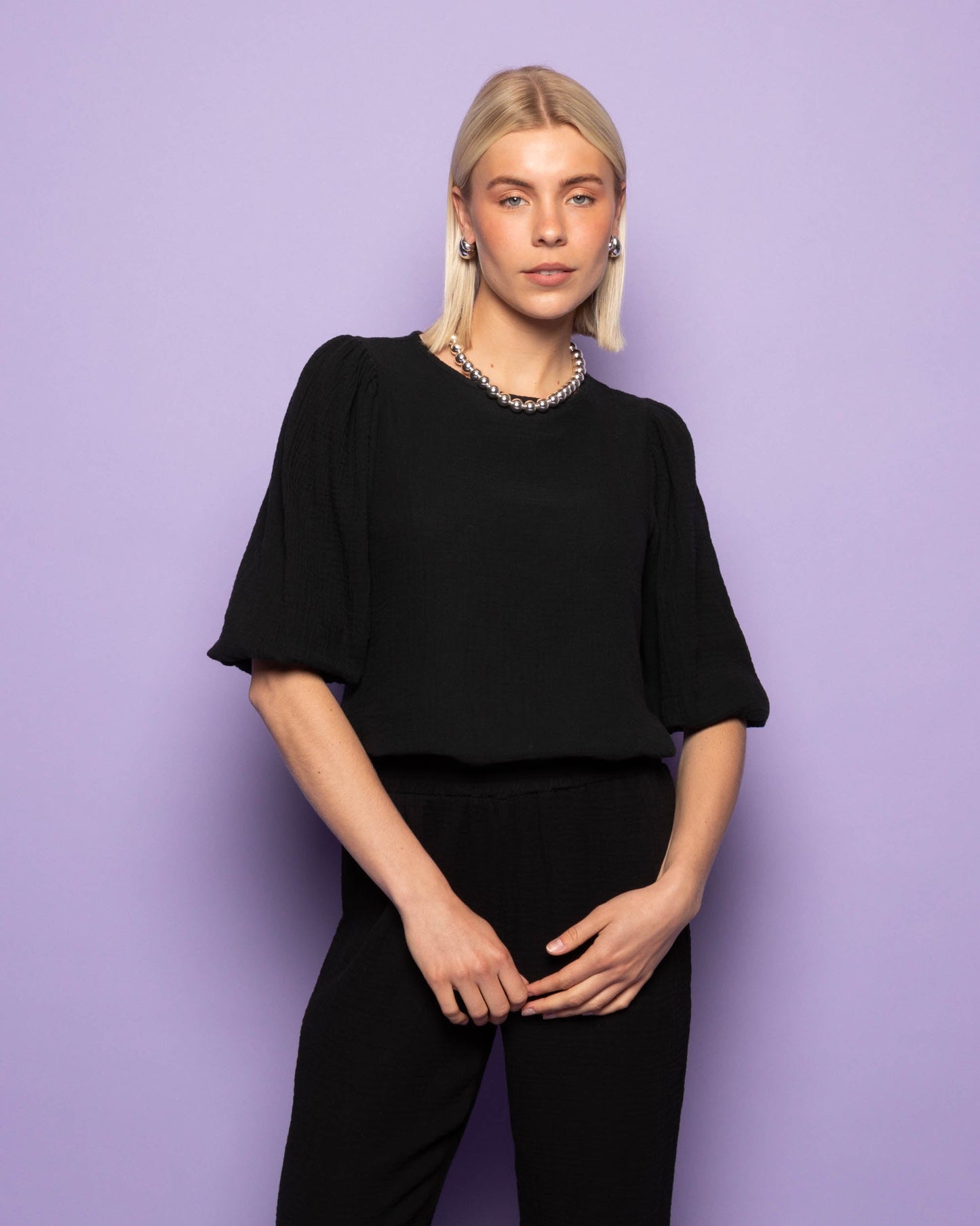 MOUSSELINE PUFF TOP ZWART