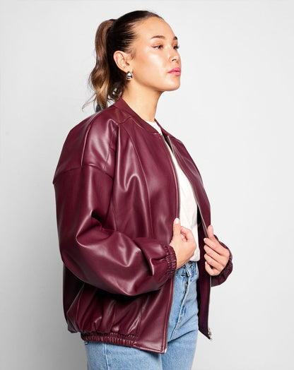FAUX LEATHER BOMBER JACKET BURGUNDY