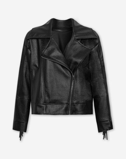 FAUX LEATHER FRINGE JACKET ZWART