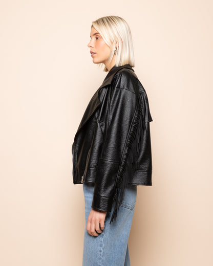 FAUX LEATHER FRINGE JACKET ZWART