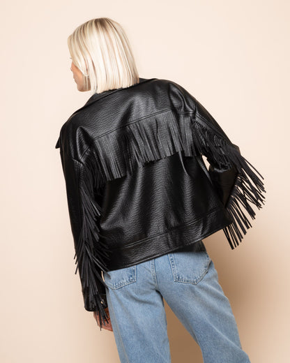 FAUX LEATHER FRINGE JACKET ZWART