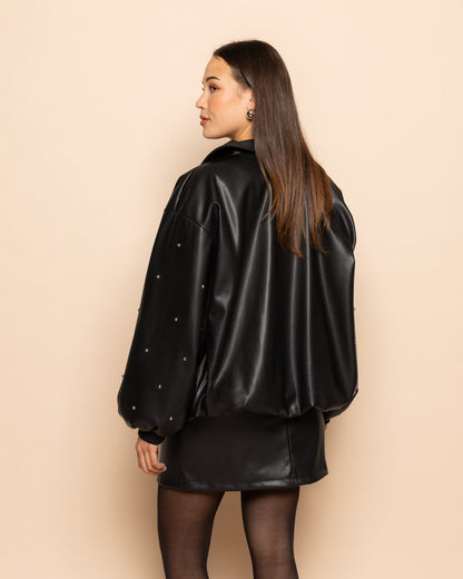 FAUX LEATHER STUDDED BOMBER JACKET ZWART
