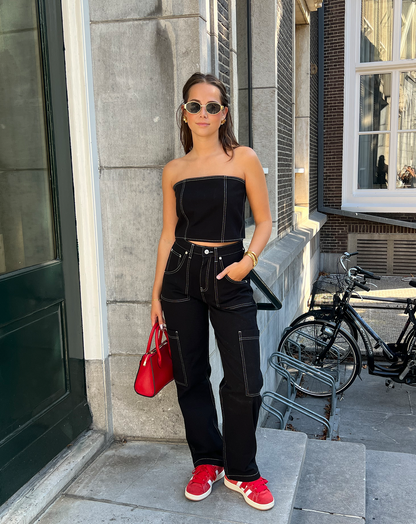 CONTRAST STITCHING CORSET TOP ZWART