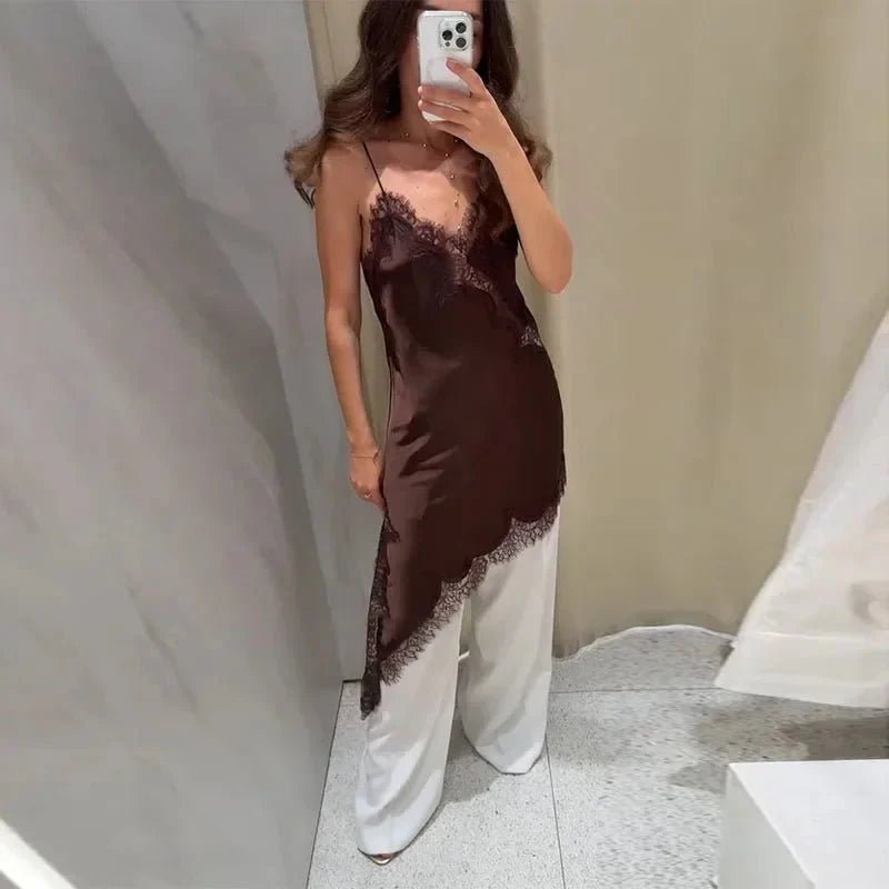 Vestido midi asimétrico de satén con encaje Arah