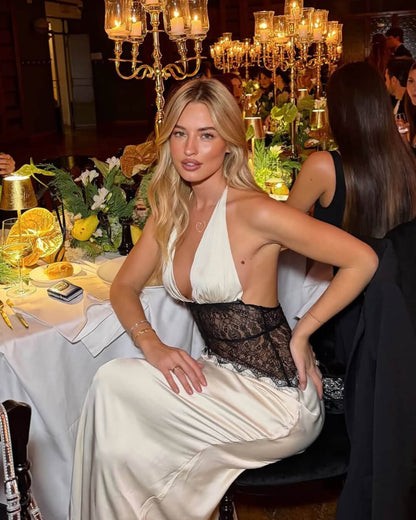Vestido Astrid de satén con encaje, cintura y espalda descubierta