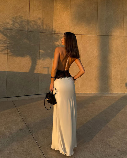 Vestido Astrid de satén con encaje, cintura y espalda descubierta