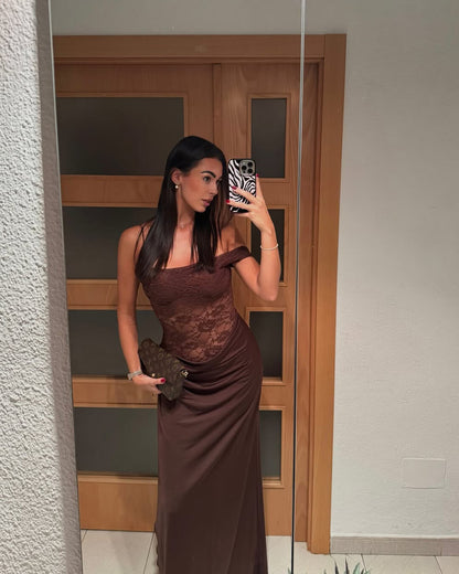 Vestido largo de encaje de un hombro Olga
